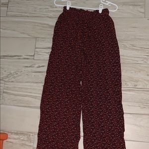 red, floral, pants that flow at the bottom